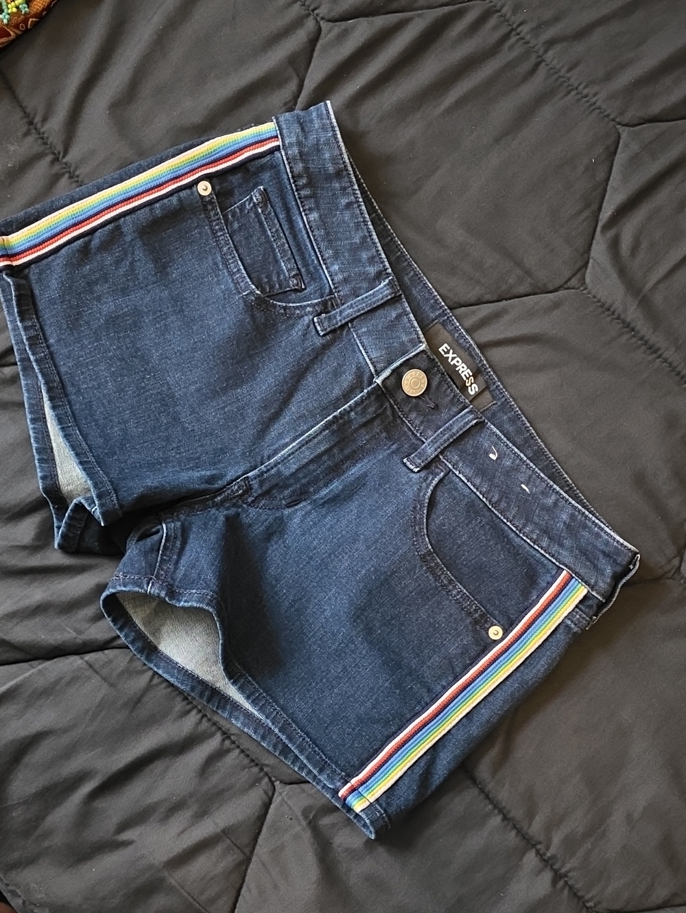 Express Dark Blue Denim Shorts with Rainbow Side Stripes